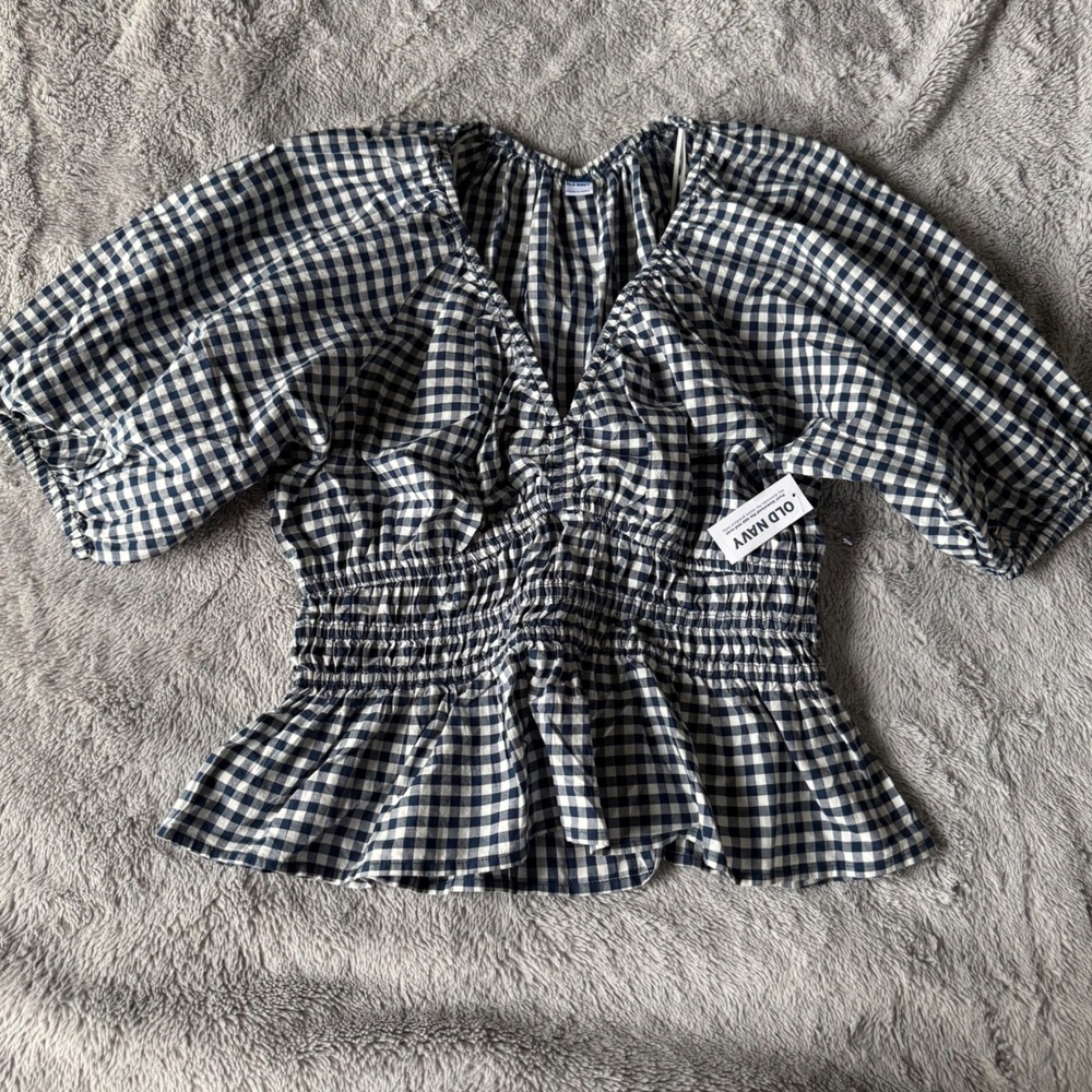 Old Navy Gingham Smocked Peplum Top Puff Sleeve Cottagecore Blue S
